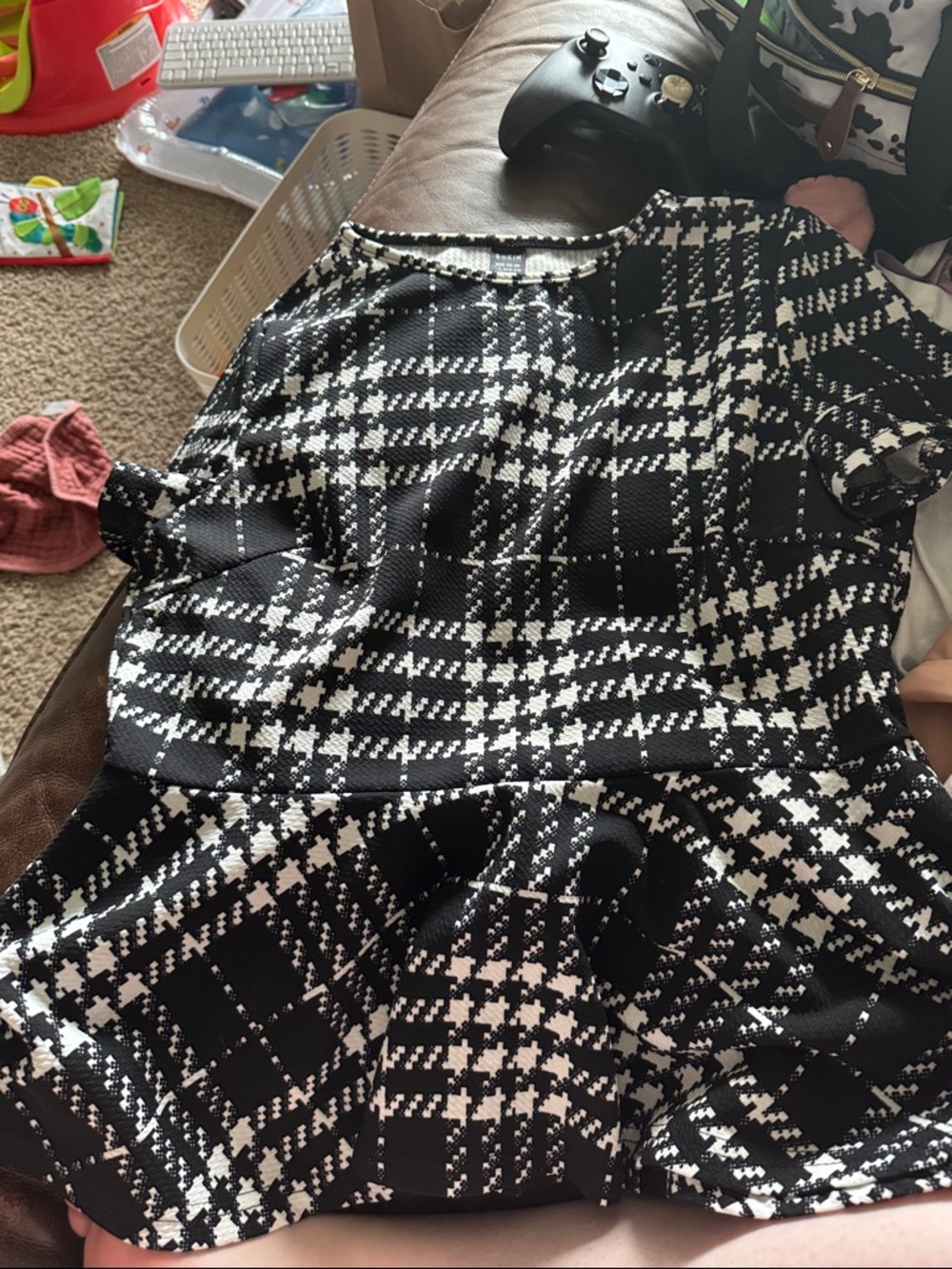 SHEIN Black and White Plaid Peplum Blouse